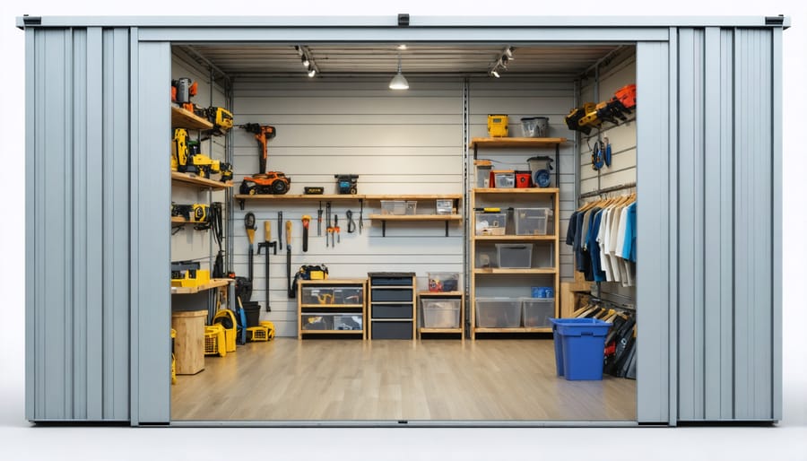 Well-organized interior of L-shaped shed demonstrating storage solutions in both sections