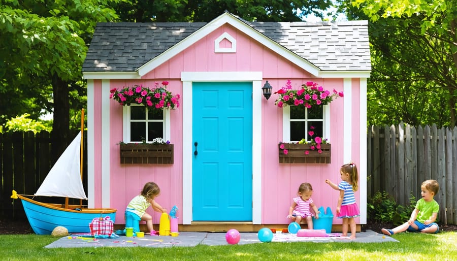 An enchanting backyard playhouse transformed from a garden shed, featuring colorful walls, flower boxes, and a Dutch door, surrounded by playing children in imaginative, themed settings.