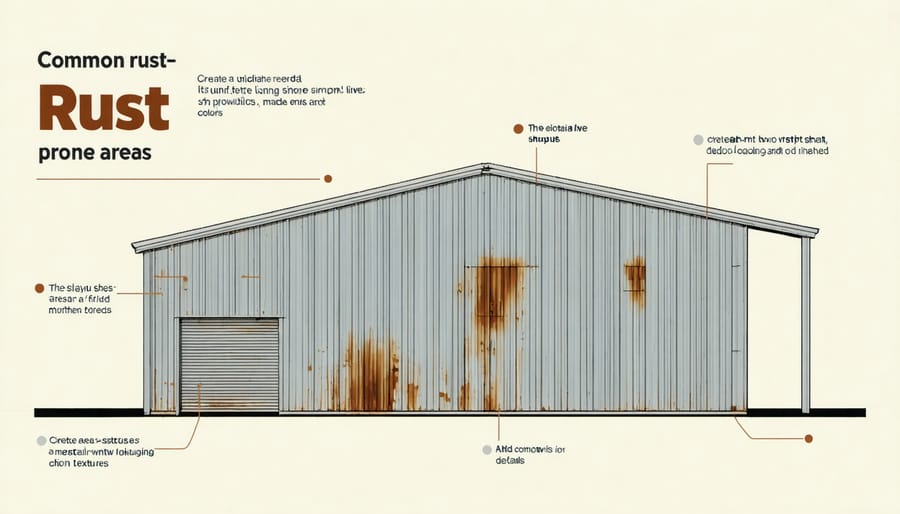 Infographic showing typical rust-prone areas on metal shed with callout labels