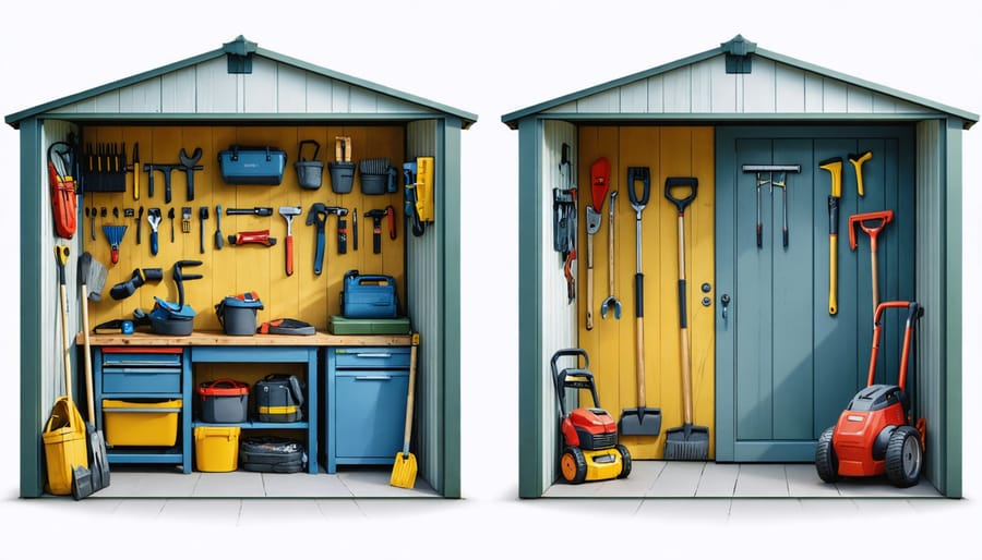 A side-by-side comparison of a cluttered traditional shed and a modern, organized four-season shed with designated zones for spring, summer, fall, and winter items.