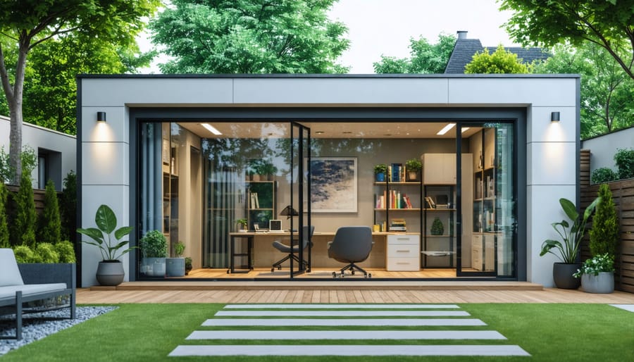 Contemporary backyard office shed featuring floor-to-ceiling windows and wooden cladding