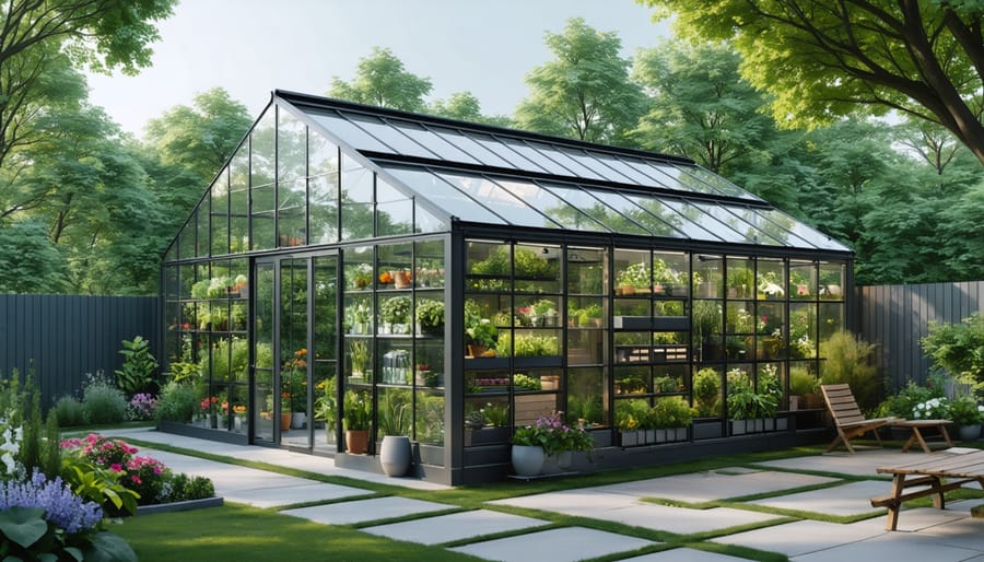 Architectural rendering of an innovative shed-greenhouse combination, showcasing a blend of transparent greenhouse space and solid storage area with optimal sunlight orientation.
