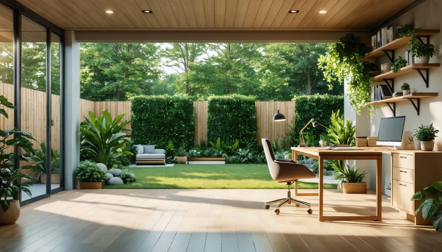 Well-lit interior of backyard office showing workspace arrangement and window placement