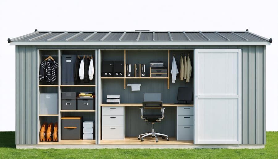 Custom shelving and storage solutions maximizing space in a backyard office