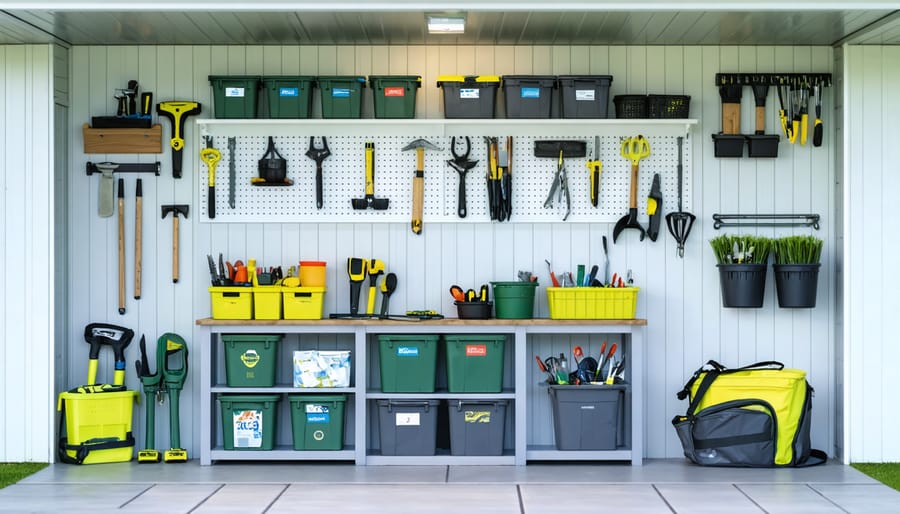 Interior of a shed featuring an organized pegboard with neatly arranged garden tools, overhead racks storing seasonal items, and labeled bins on shelving units.