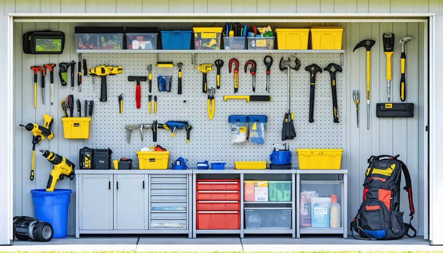Interior view of a meticulously organized shed featuring wall-mounted shelving, labeled stackable bins, and a pegboard with neatly arranged tools, demonstrating a clean and efficient storage layout.