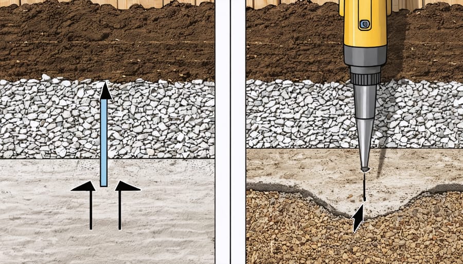 Image of contrasting garden shed foundation types - a levelled gravel bed with drainage indicators on one side, and a partially constructed concrete slab on the other, featuring tools like a spirit level and compactor.