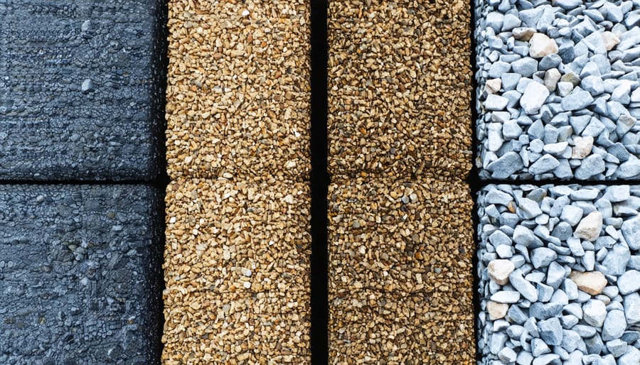 Side-by-side demonstration showing water properly draining through permeable gravel while pooling on standard gravel