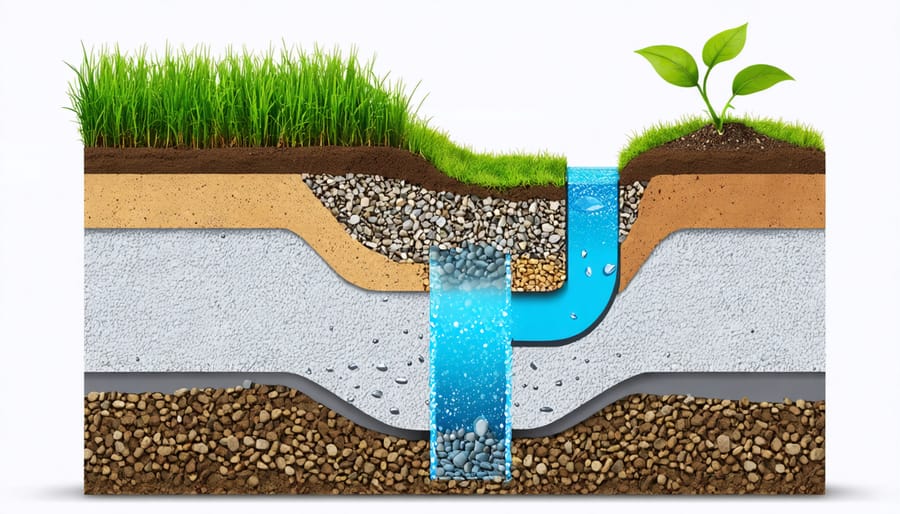 Cross-section illustration of a permeable gravel foundation demonstrating layers of base soil, geotextile fabric, and varied gravel sizes for effective water drainage and structural support.