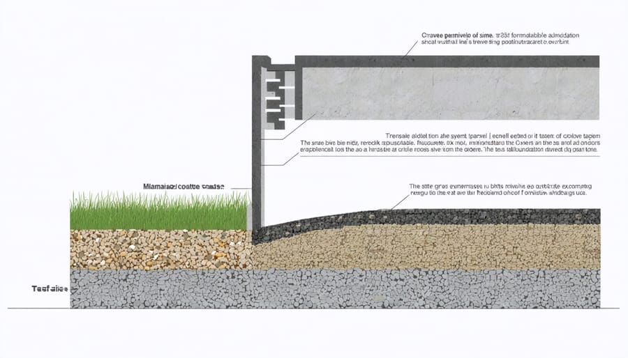 Labeled diagram showing different layers of a permeable gravel foundation including base soil, geotextile fabric, and gravel layers