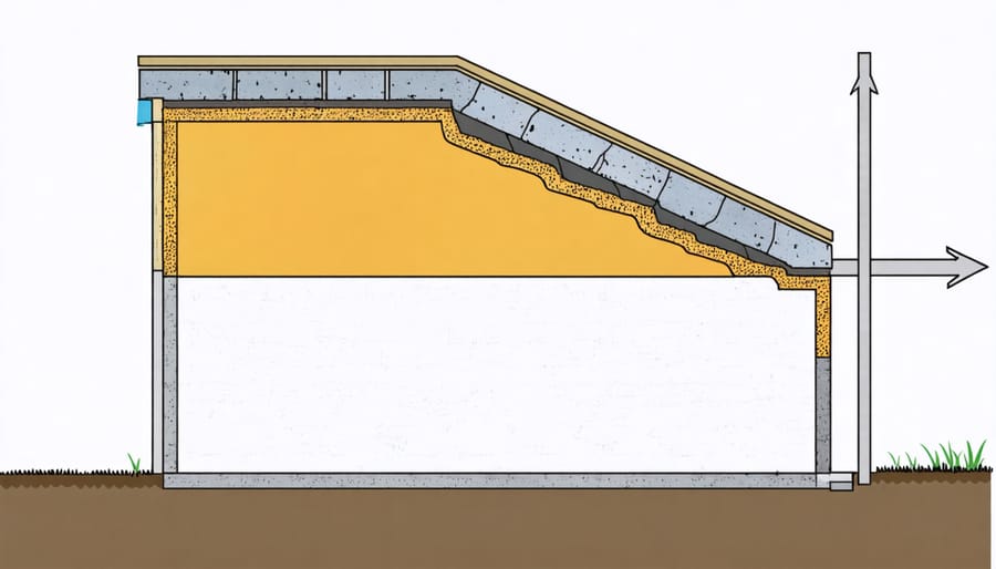 Detailed cross-section illustration of pole shed wall layers including vapor barrier, insulation, and girts