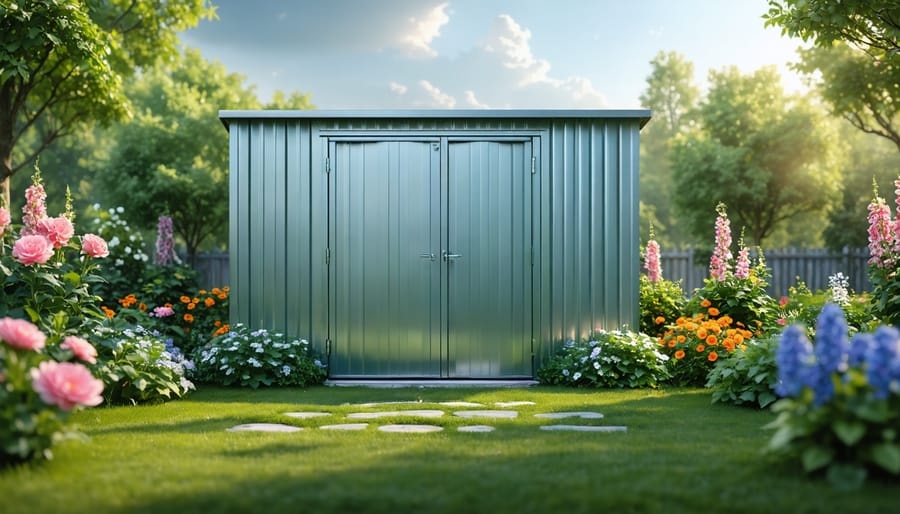 A well-preserved metal shed in a vibrant garden, symbolizing protection against rust, displaying a pristine metallic surface with lush greenery surrounding it.
