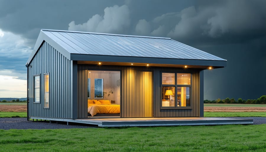 "Collage of innovative climate-resistant materials used in shed construction, including galvanized steel, composite wood, and advanced polymers, with a stormy weather background symbolizing resilience."