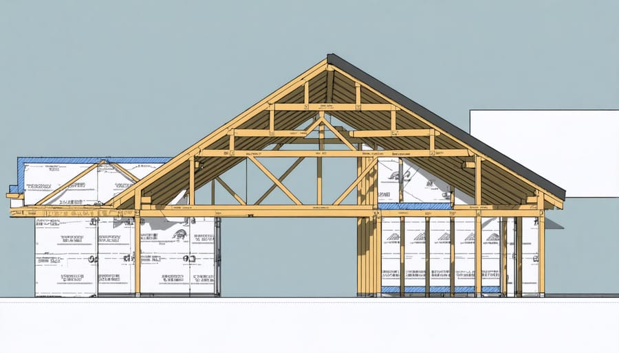 Diagram of pole shed roof truss system with ventilation paths and insulation placement