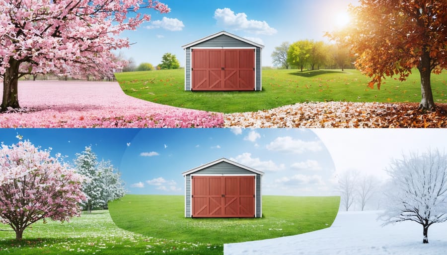 A storage shed depicted in four seasonal settings, showcasing spring, summer, fall, and winter to illustrate systematic year-round maintenance.