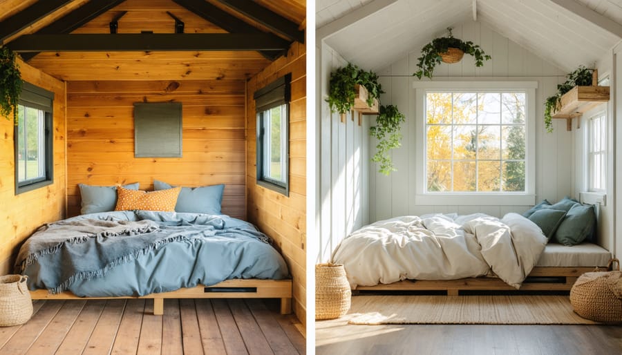 Side-by-side comparison of an ordinary garden shed before conversion and after being converted into a beautiful bedroom space