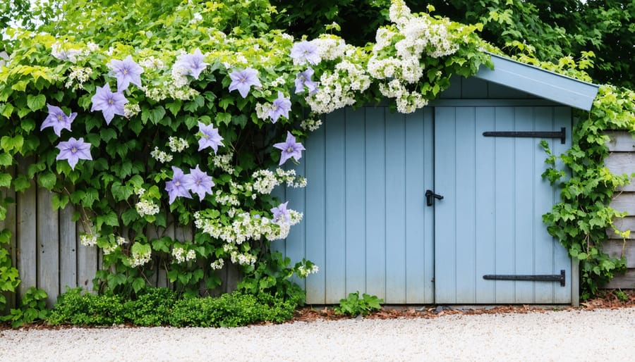 Garden shed with climbing clematis vines on wooden trellis structure
