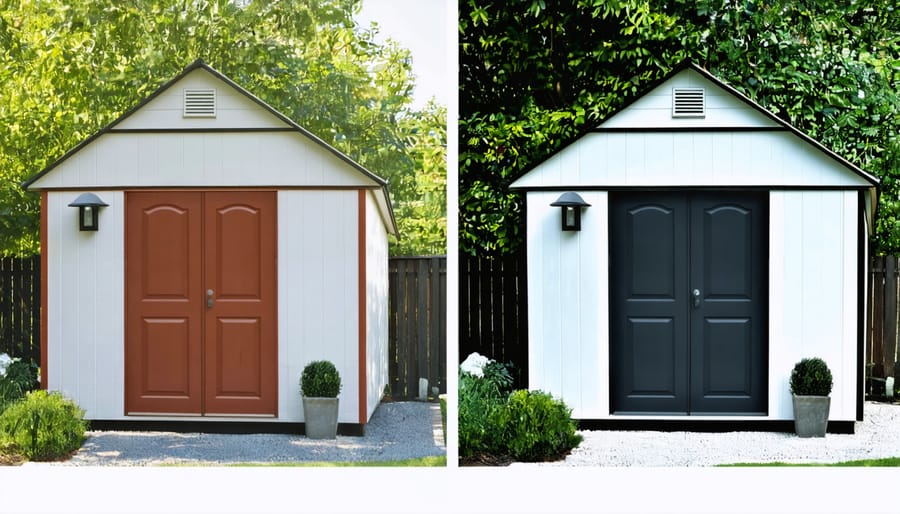 Side-by-side comparison of a garden shed before and after conversion to guest house