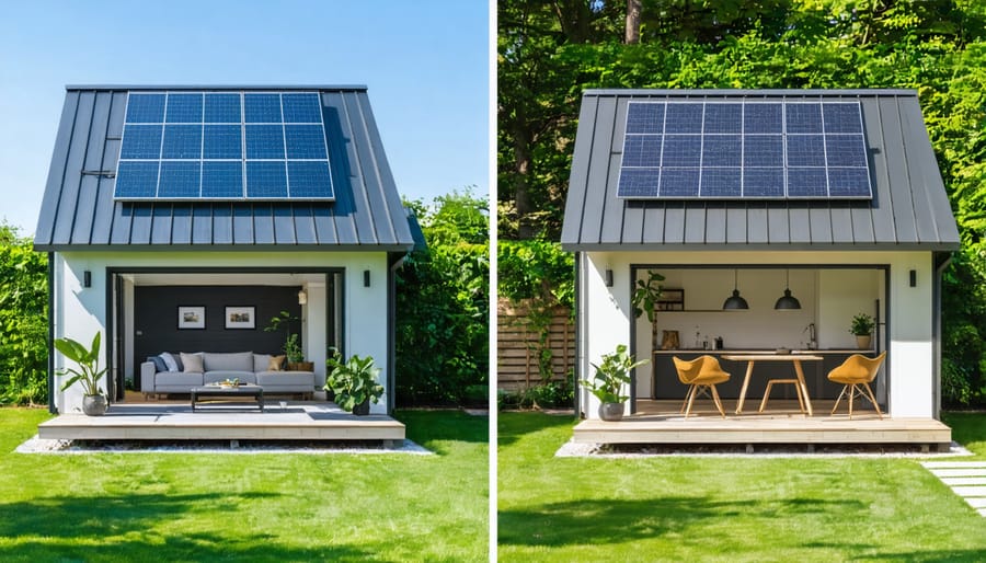 Side-by-side comparison of traditional garden shed and its eco-friendly conversion into living quarters