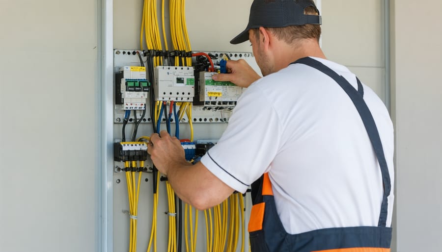 Professional electrician installing electrical wiring and outlets in converted shed walls