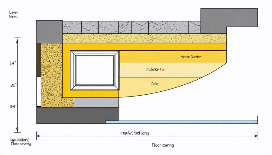 Labeled diagram of shed floor insulation layers and components