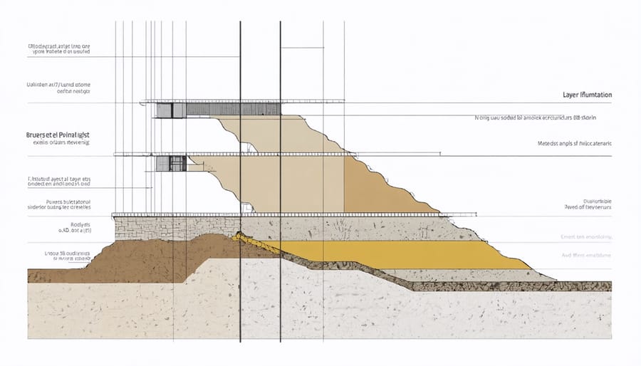Cross-section diagram of shed foundation layers including concrete, vapor barrier, and supports
