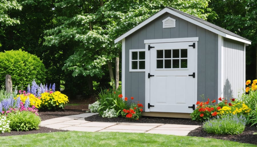 Garden shed surrounded by colorful border plants and flowering shrubs