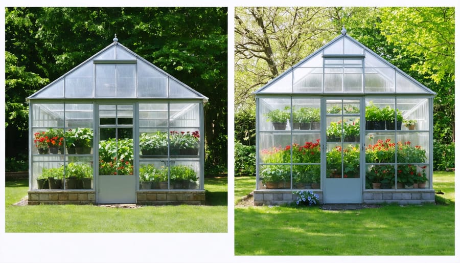 Side-by-side comparison of traditional garden shed and its conversion into a bright greenhouse with plants