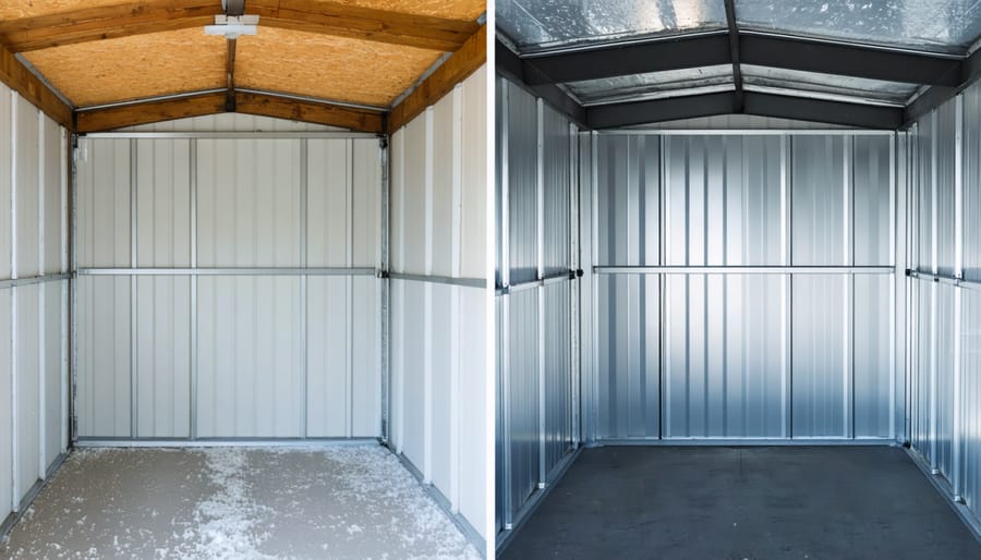 Side-by-side comparison of uninsulated versus insulated shed interiors showing moisture control benefits