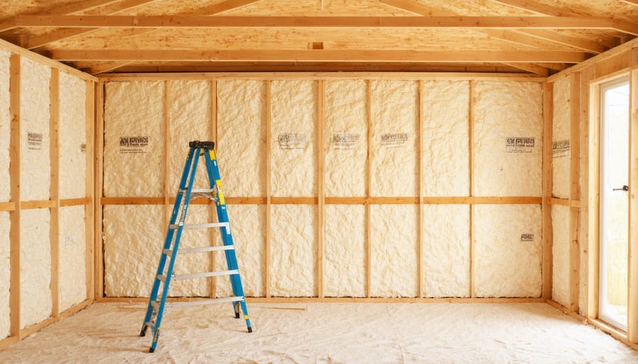 Installation process showing proper techniques for adding insulation and vapor barriers to shed walls