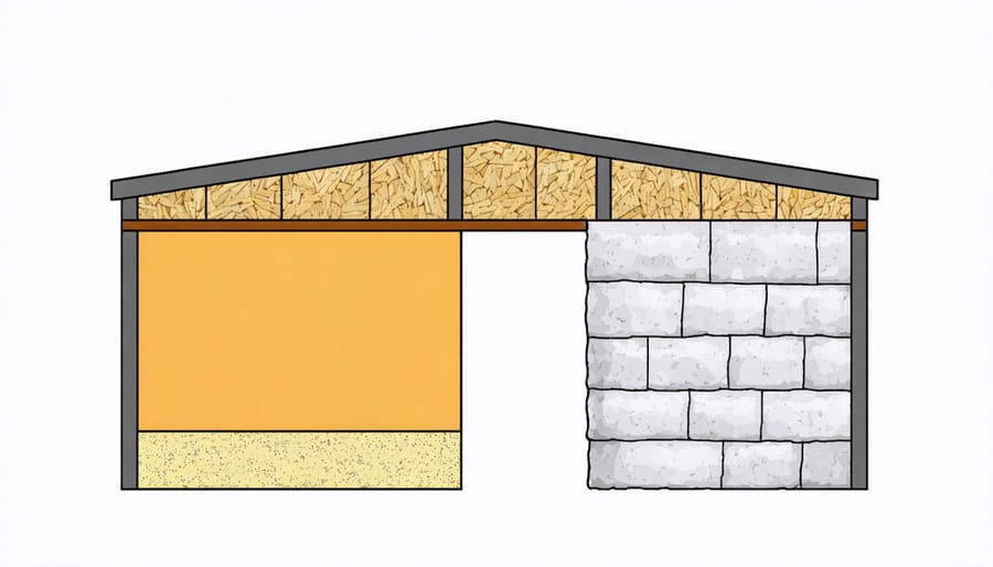 Detailed cross-section illustration of shed wall layers including insulation and vapor barriers