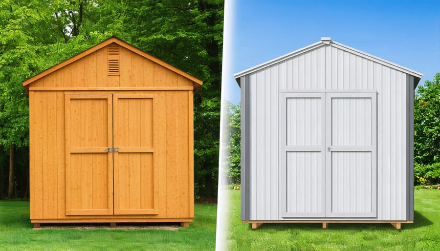 Side-by-side comparison of moisture damage in an unprotected shed versus a dry, protected shed interior