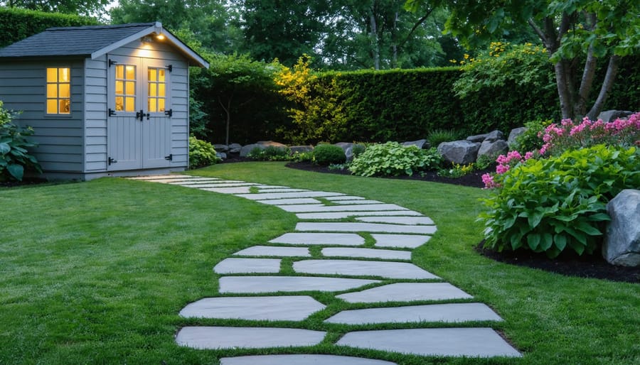 Illuminated stone pathway winding through garden to storage shed at night