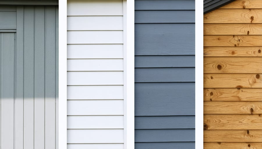 Side-by-side comparison of vinyl, metal, and treated wood shed siding materials