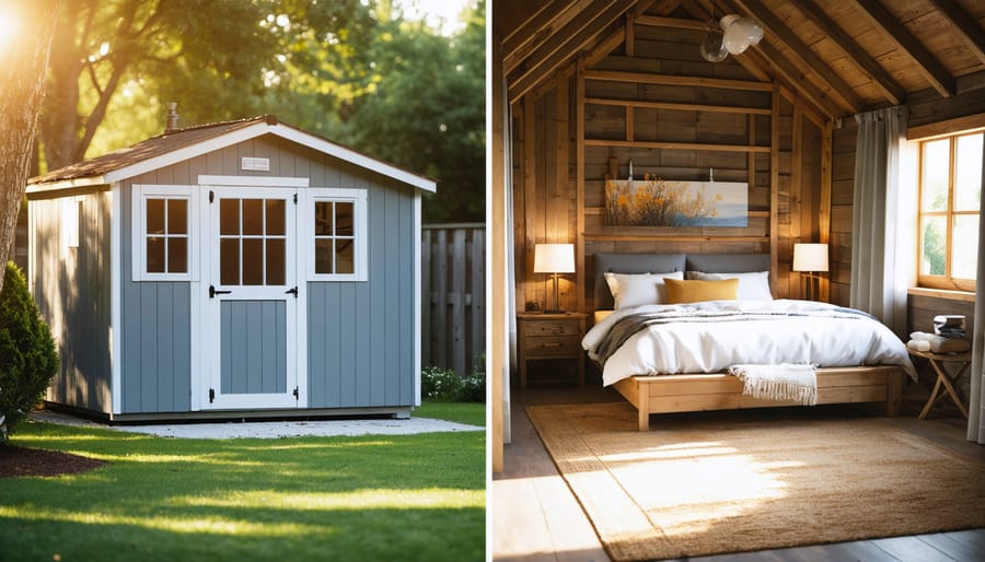 Before and after transformation of a standard garden shed into a cozy, beautifully decorated bedroom featuring warm lighting and comfortable furnishings.
