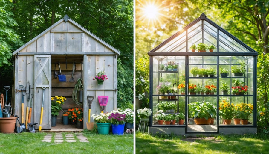 Split image showcasing the conversion of a traditional wooden shed into a modern greenhouse filled with thriving plants, exemplifying the transformation process from basic storage space to a functional growing sanctuary.