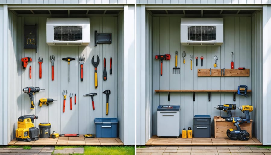 Illustration showing a comparison between a poorly ventilated, moldy shed and a well-ventilated, organized workspace, emphasizing the positive impact of effective shed ventilation.