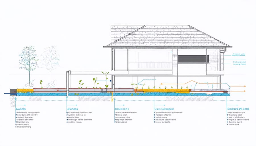 Technical illustration of shed water management system components and flow patterns