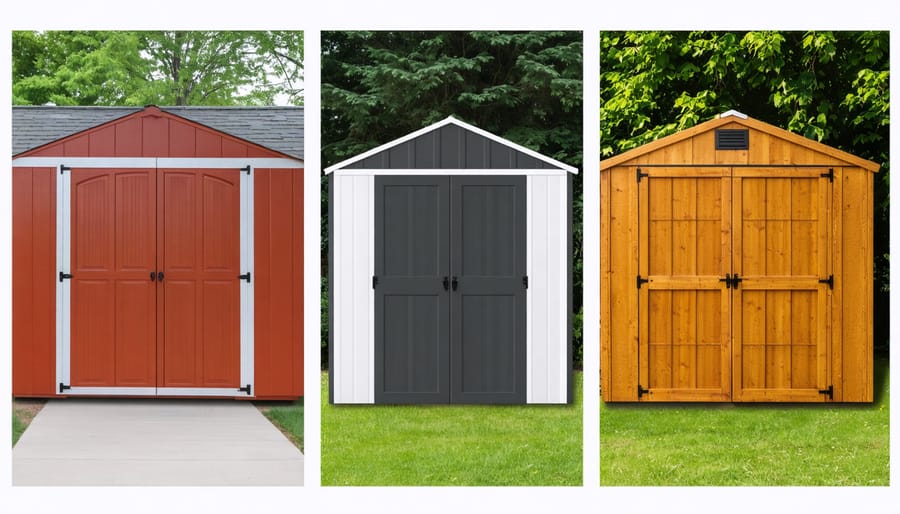 A vivid comparison of three shed siding materials: vinyl, metal, and treated wood, each illustrating its unique weather-resistant properties in a garden setting.