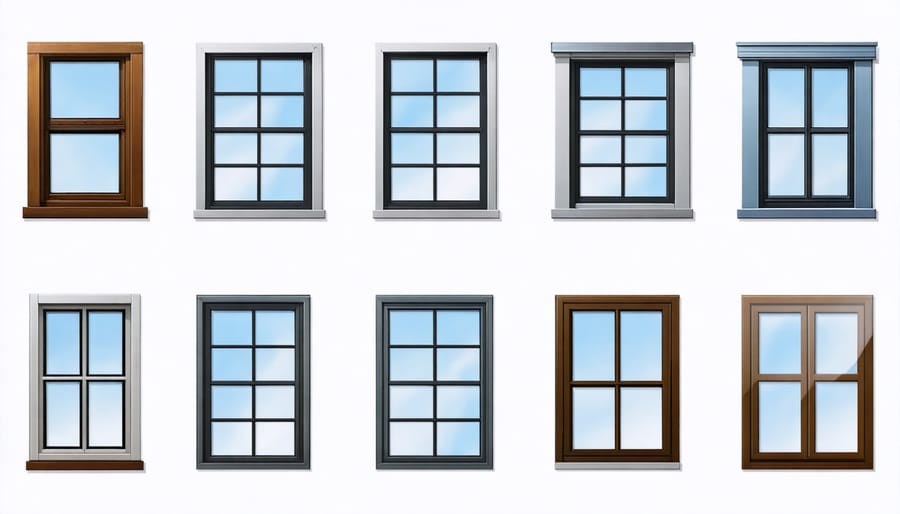 Display of various shed window styles and types laid out for comparison
