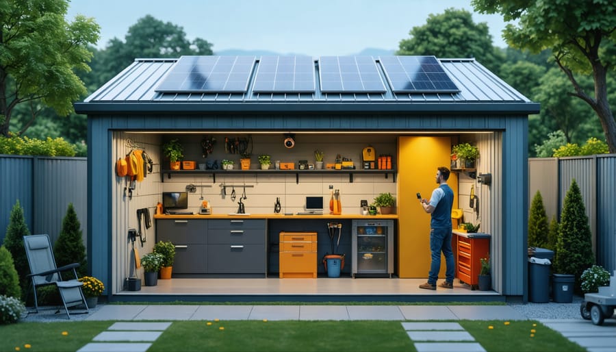 A modern electrical shed showcasing solar panels, smart lighting, and integrated security features, demonstrating the fusion of traditional storage with advanced smart technology.