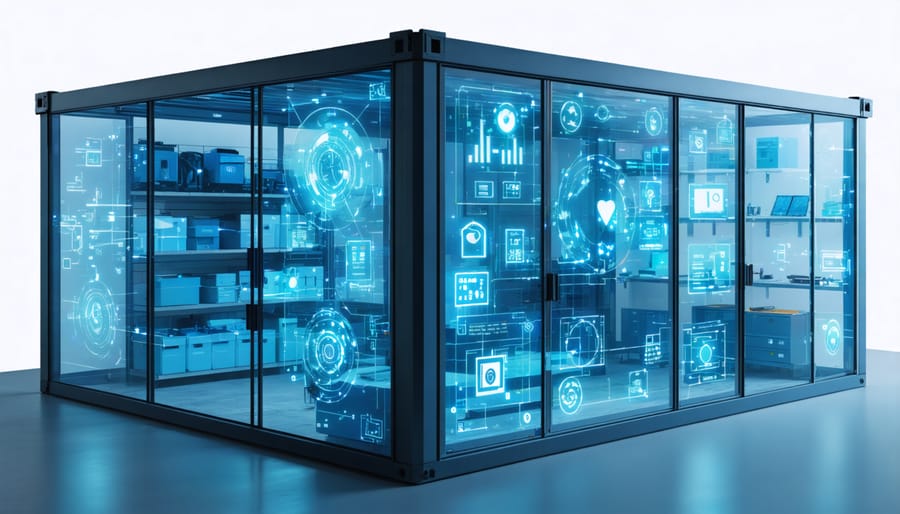 Futuristic storage shed with transparent walls showcasing smart IoT pest control sensors like motion detectors and infrared cameras, connected in real-time to repel pests.