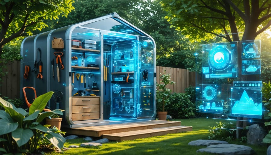 A modern storage shed with visible environmental sensors actively monitoring temperature, humidity, and weather conditions in a garden setting.