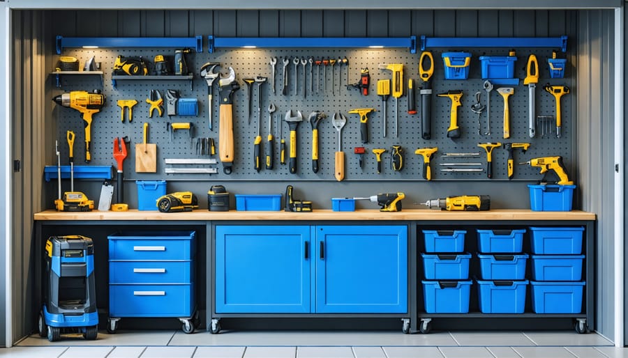 A modern tool workshop inside a shed featuring organized sections for hand and power tools, with pegboards, magnetic strips, rolling tool cabinets, and clear bins for efficient storage.
