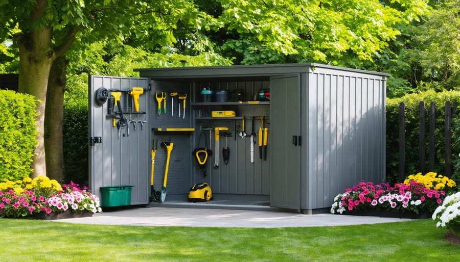 A modern, three-sided storage shed in a garden corner, exhibiting efficient storage with tools on wall-mounted shelves and pegboards, amidst colorful flower beds and greenery.