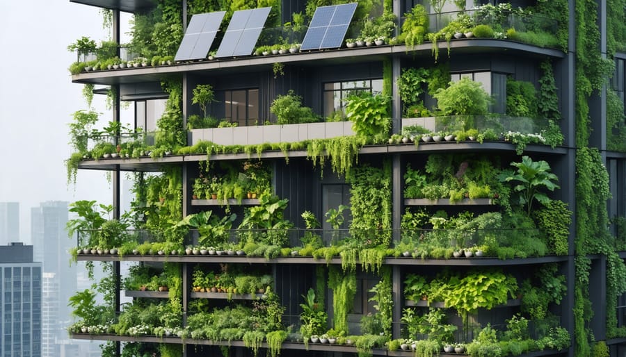 A city balcony fitted with a vibrant vertical garden, solar panels, and a rainwater collection system, illustrating sustainable urban living practices.