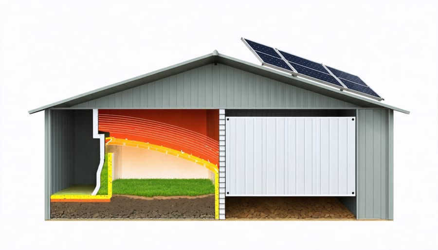 Cutaway view of a Tuff Shed showcasing airflow and ventilation systems including ridge vents, soffit vents, and solar-powered fans.