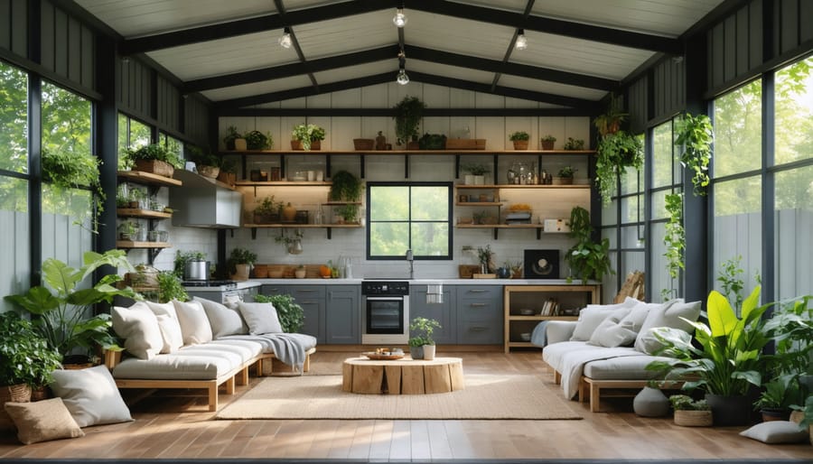 Compact guest house interior featuring multi-functional furniture and storage solutions