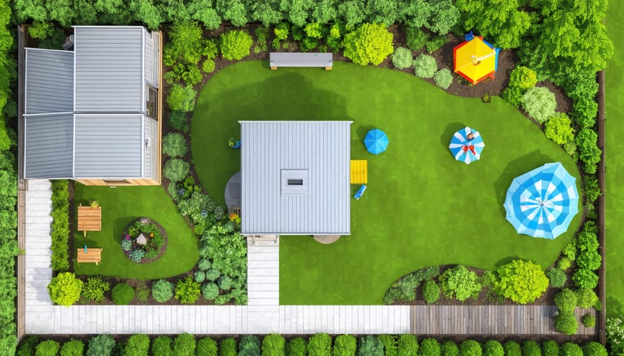 Aerial illustration of a backyard with strategically positioned garden shed and play area, including pathways, clear zones, and safety distances.