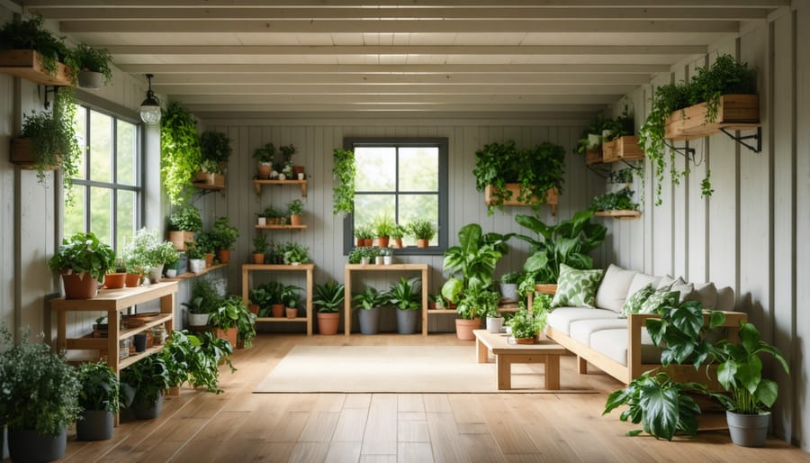 Completed eco-friendly shed interior showing sustainable design elements and furniture